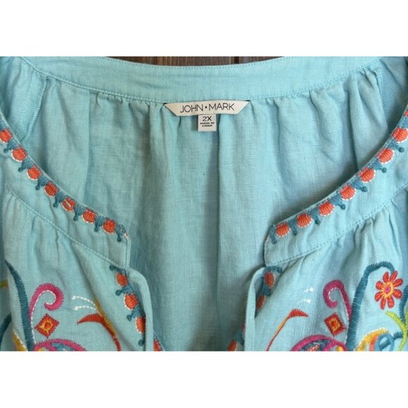 John Mark Tunic Top Turquoise Linen Embroidered Nwt Tassel 3/4 Sleeve 2X - Picture 5 of 13